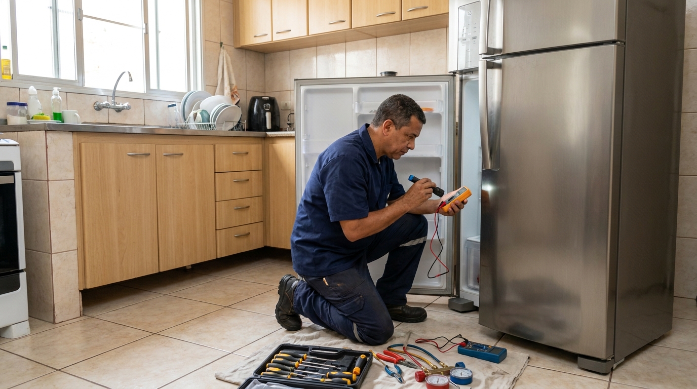 Técnico aplicando recarga de gás refrigerante em geladeira em Blumenau‑SC