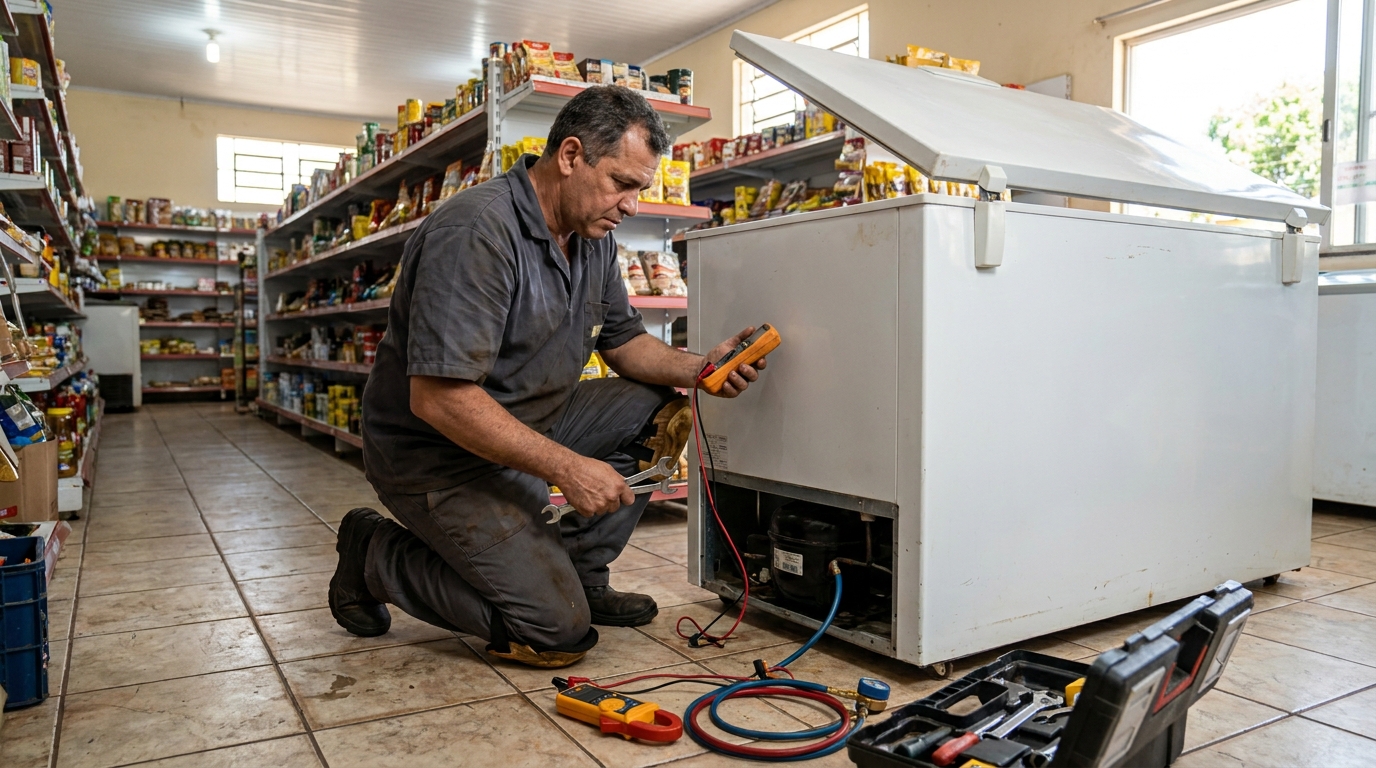 Substituição de termostato de freezer em visita técnica em Blumenau‑SC